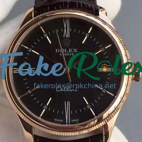 Replica Rolex Cellini Time 50505 Rose Gold Black Dial Swiss 2824-2