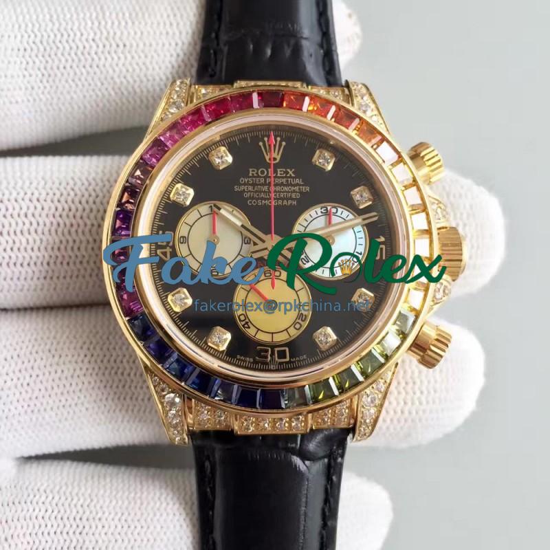 Replica Rolex Daytona Cosmograph 116598 Rainbow Yellow Gold & Diamonds Black Dial Swiss 7750 Run 6@SEC