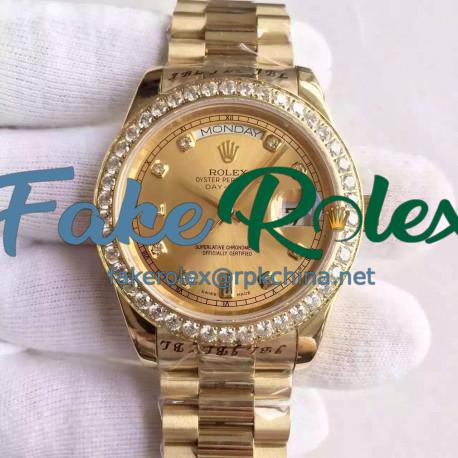 Replica Rolex Day-Date II 218348 41MM KW Yellow Gold & Diamonds Champagne Dial Swiss 3255