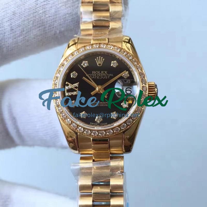 Replica Rolex Lady Datejust 28 279138RBR 28MM Yellow Gold & Diamonds Black Dial Swiss 2671
