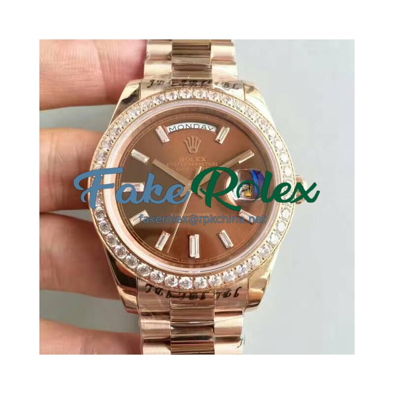 Replica Rolex Day-Date 40 228235 40MM KW Rose Gold & Diamonds Chocolate Dial Swiss 3255