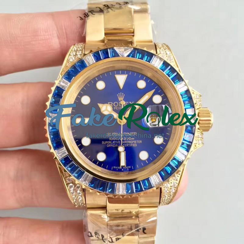 Replica Rolex Submariner Date 116618LB BP Yellow Gold & Diamonds Blue Dial Swiss 2836-2