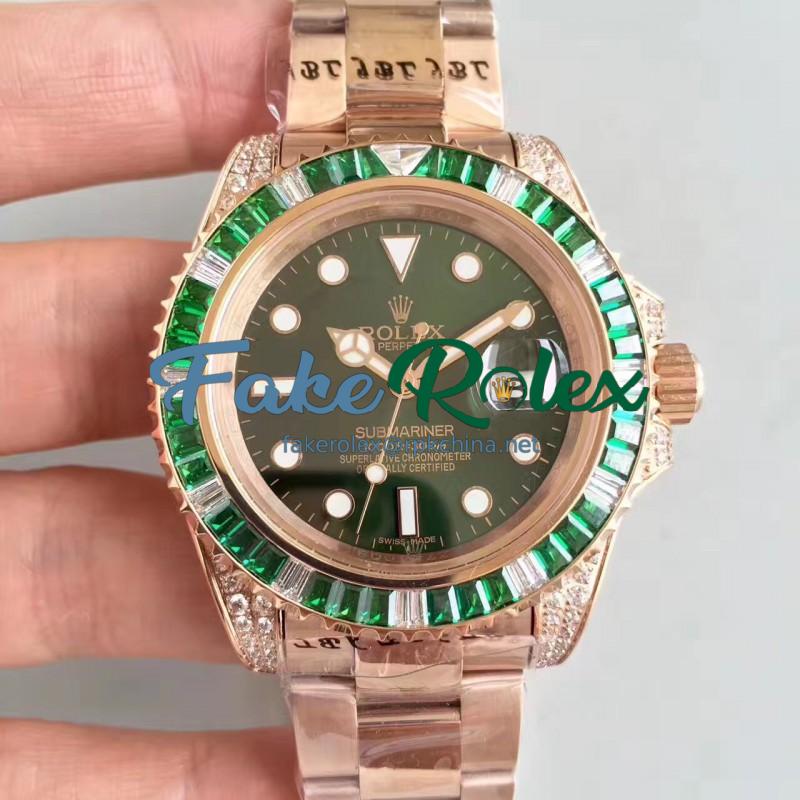Replica Rolex Submariner Date 116618LV BP Rose Gold & Diamonds Green Dial Swiss 2836-2